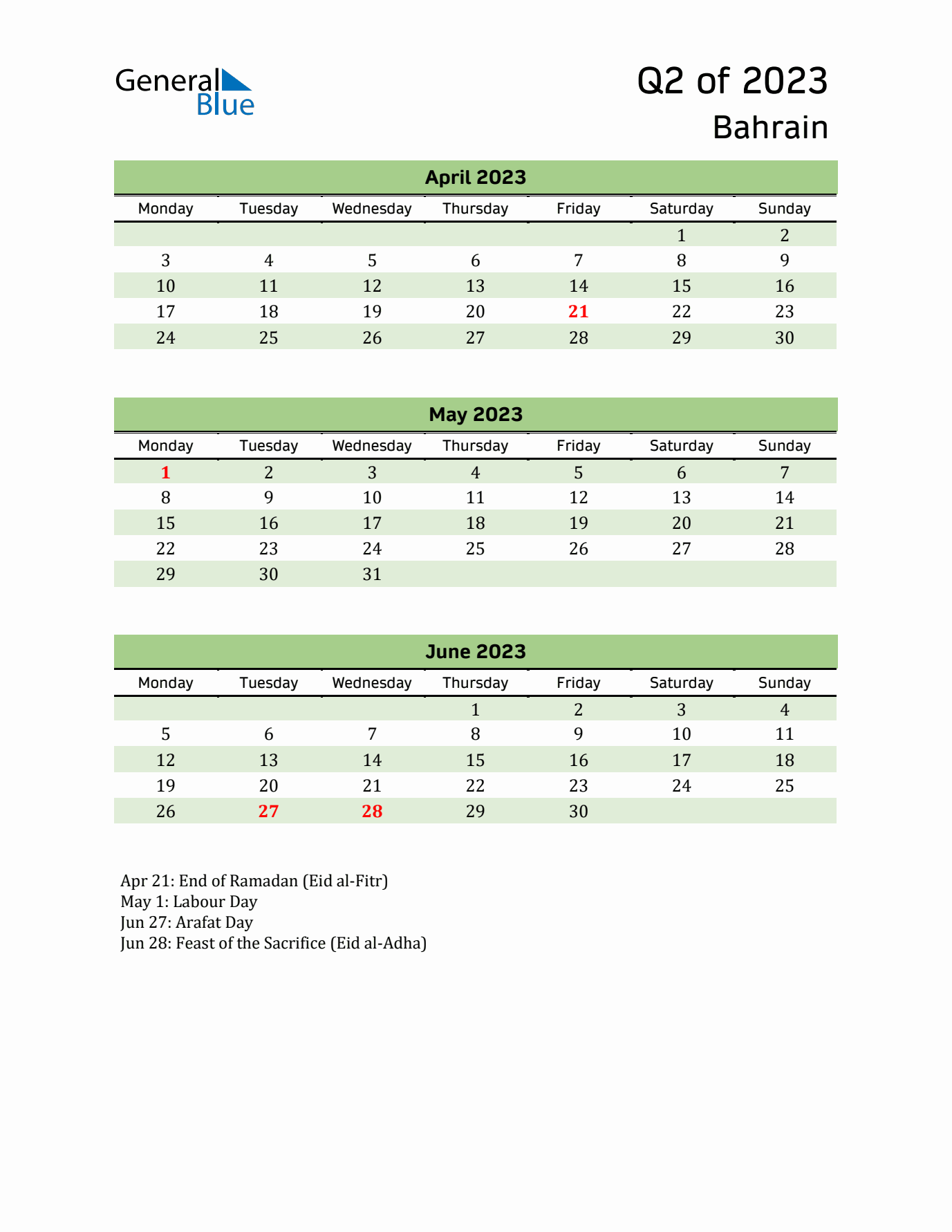 Quarterly Calendar 2023 with Bahrain Holidays