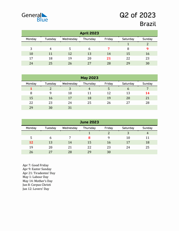 Quarterly Calendar 2023 with Brazil Holidays