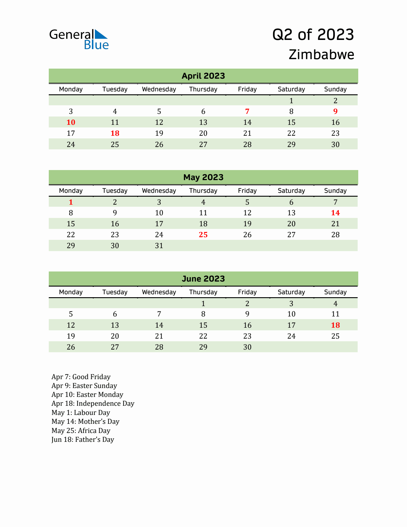 Quarterly Calendar 2023 with Zimbabwe Holidays