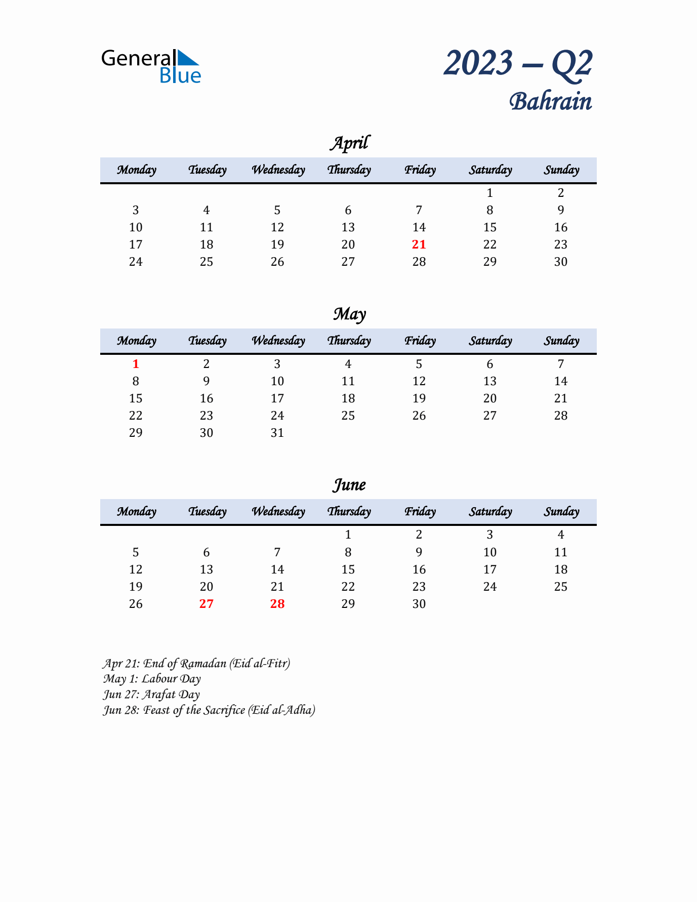 April, May, and June Calendar for Bahrain with Monday Start