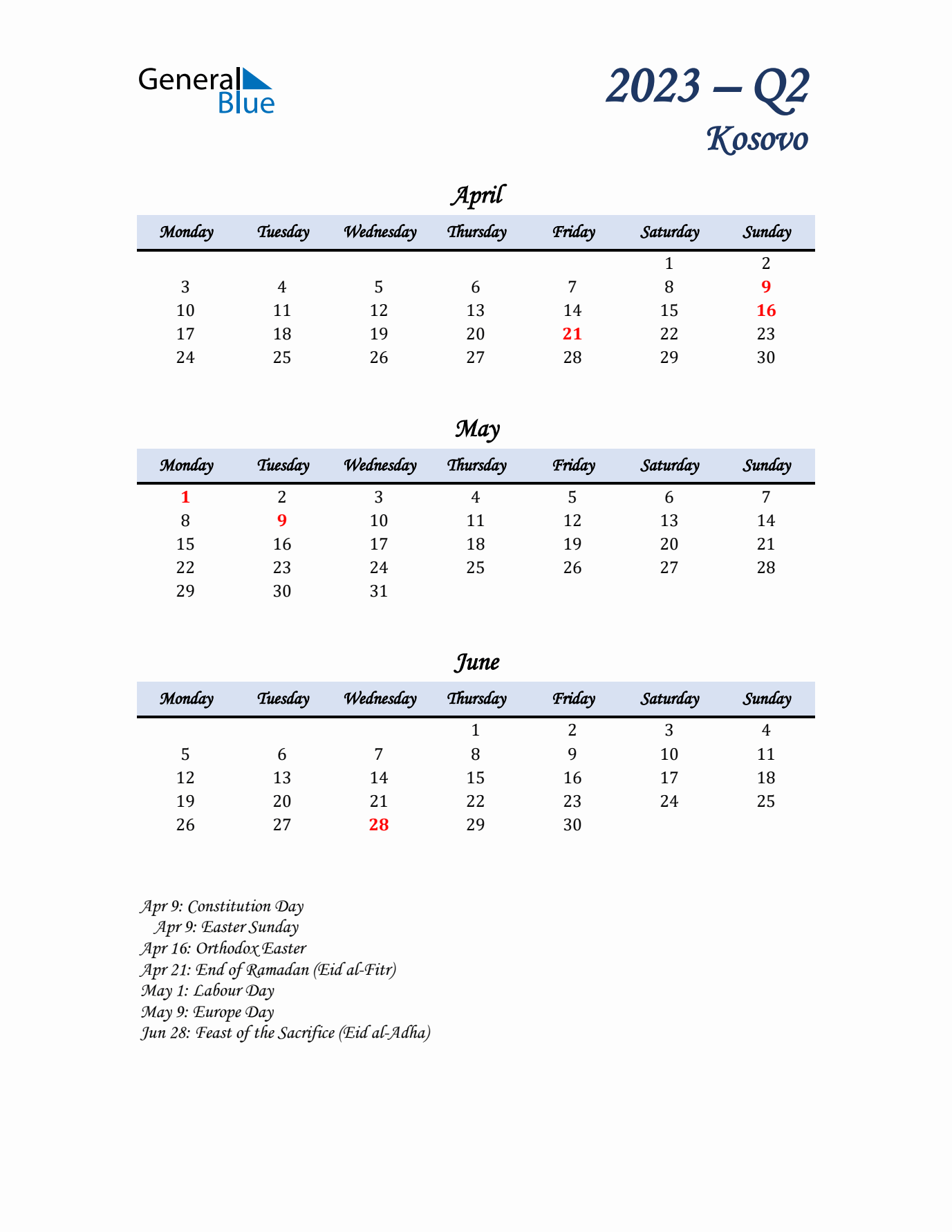 April, May, and June Calendar for Kosovo with Monday Start