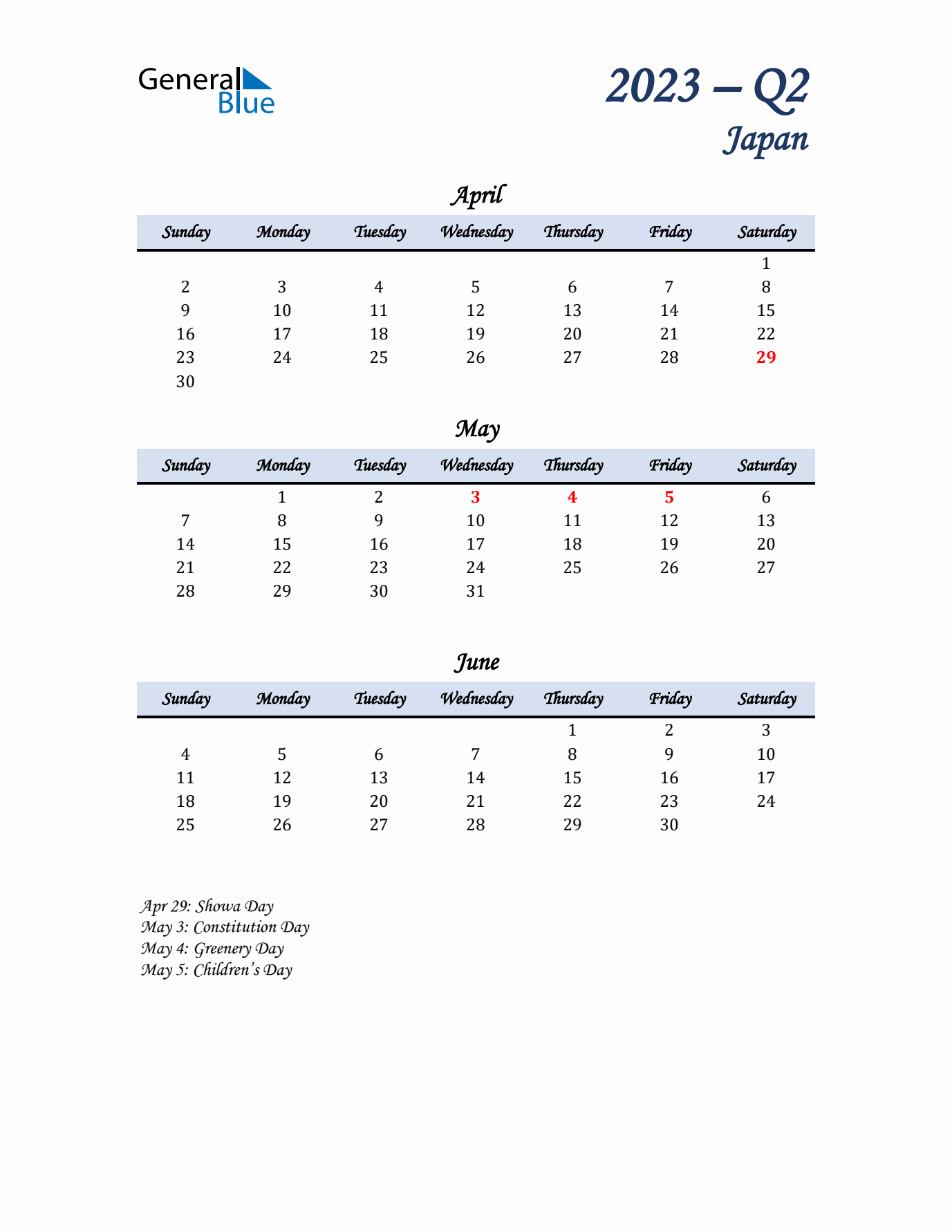 April, May, and June Calendar for Japan with Sunday Start