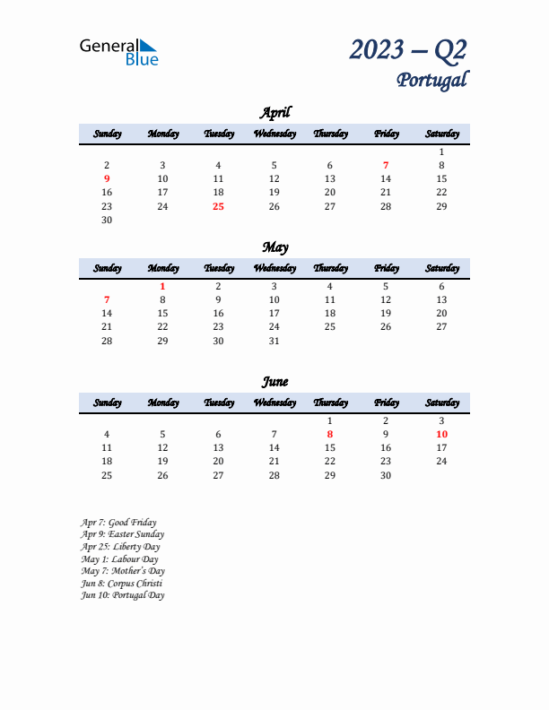 April, May, and June Calendar for Portugal with Sunday Start