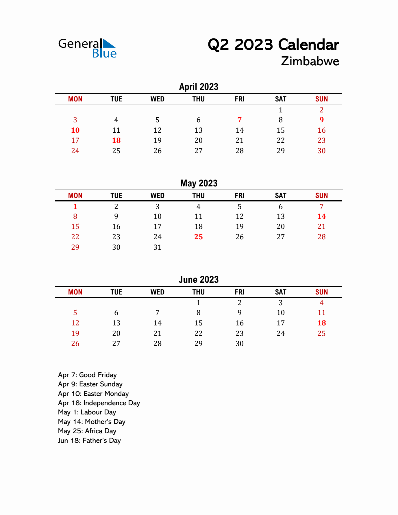 2023 Q2 Calendar with Holidays List for Zimbabwe
