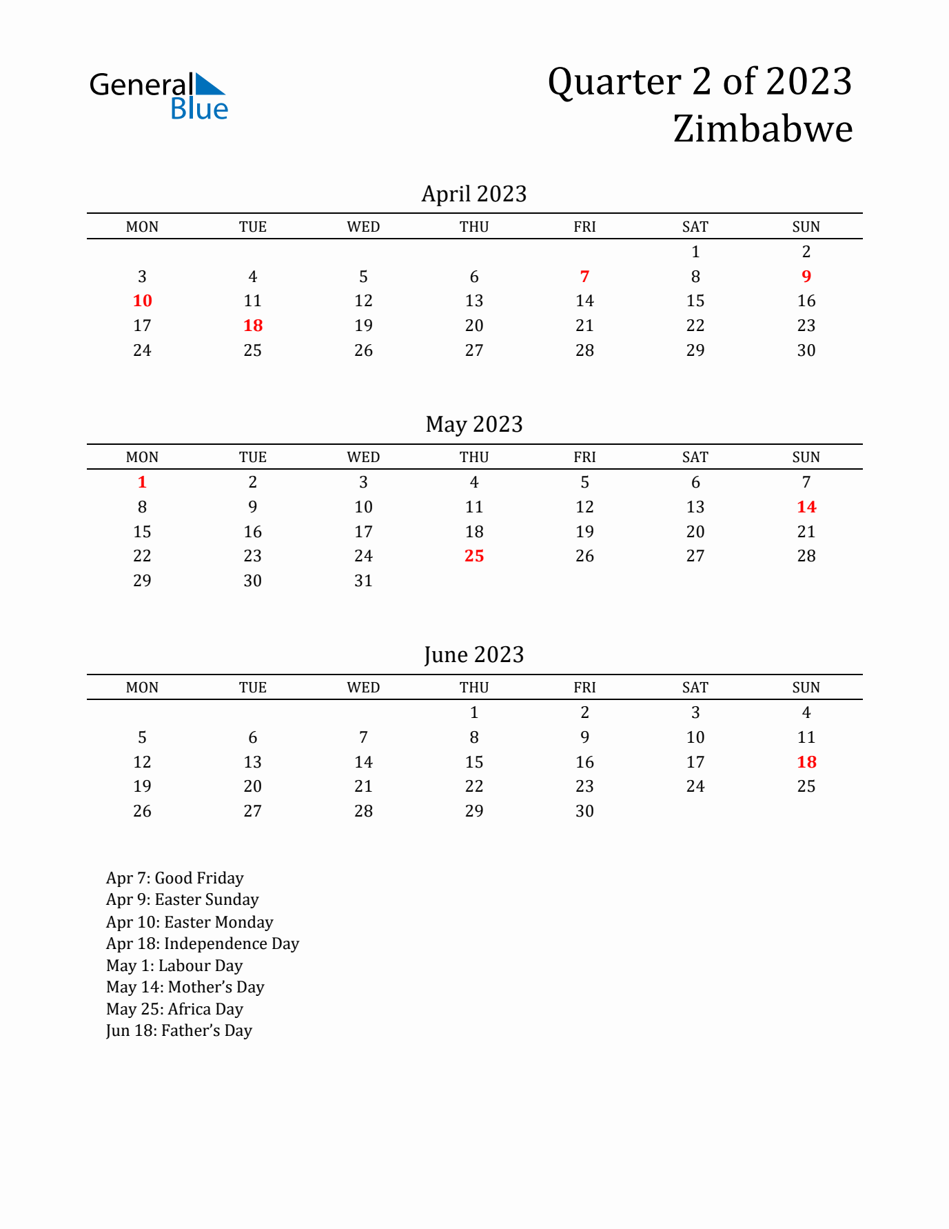 Quarter 2 2023 Zimbabwe Quarterly Calendar