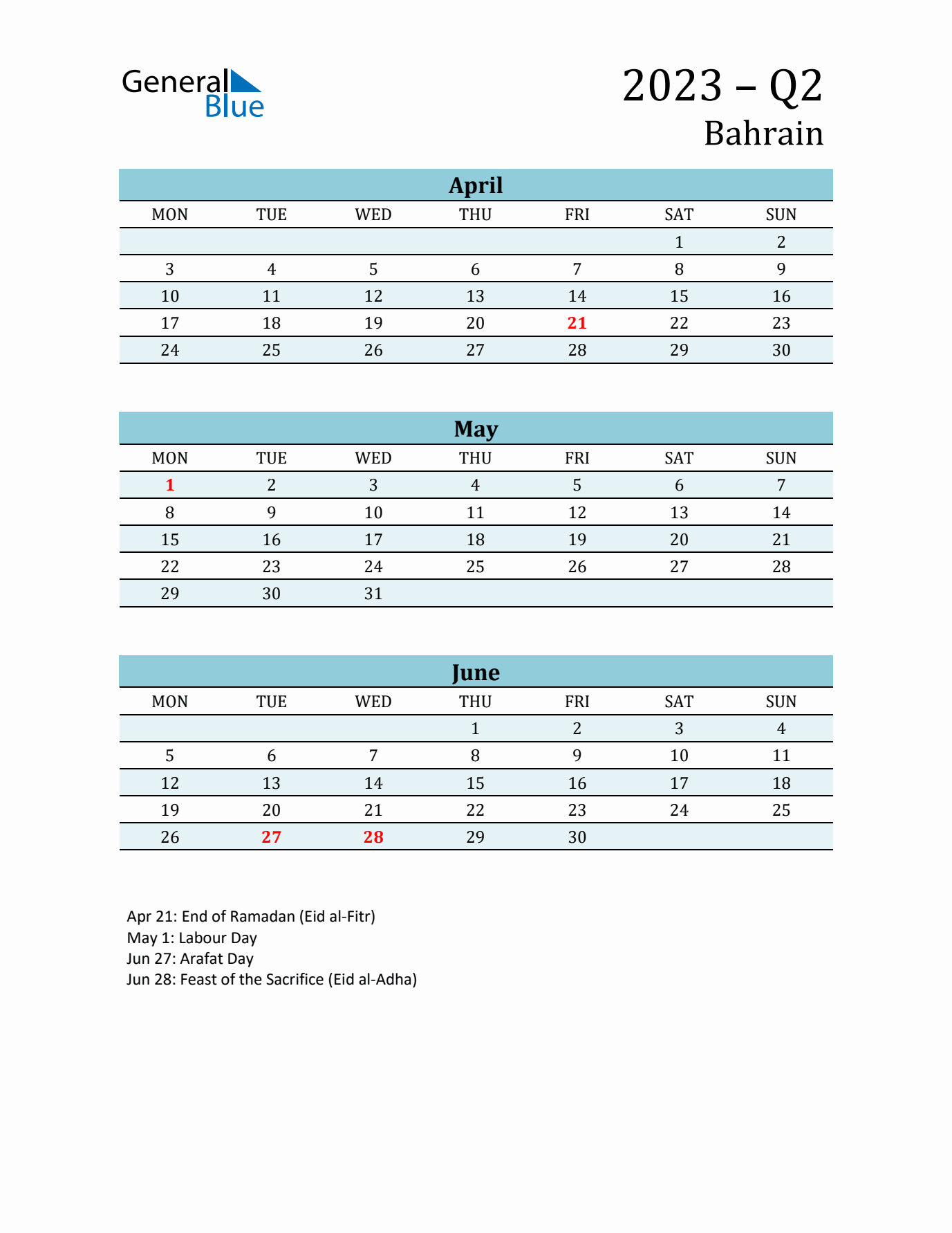 Three-Month Planner for Q2 2023 with Holidays - Bahrain