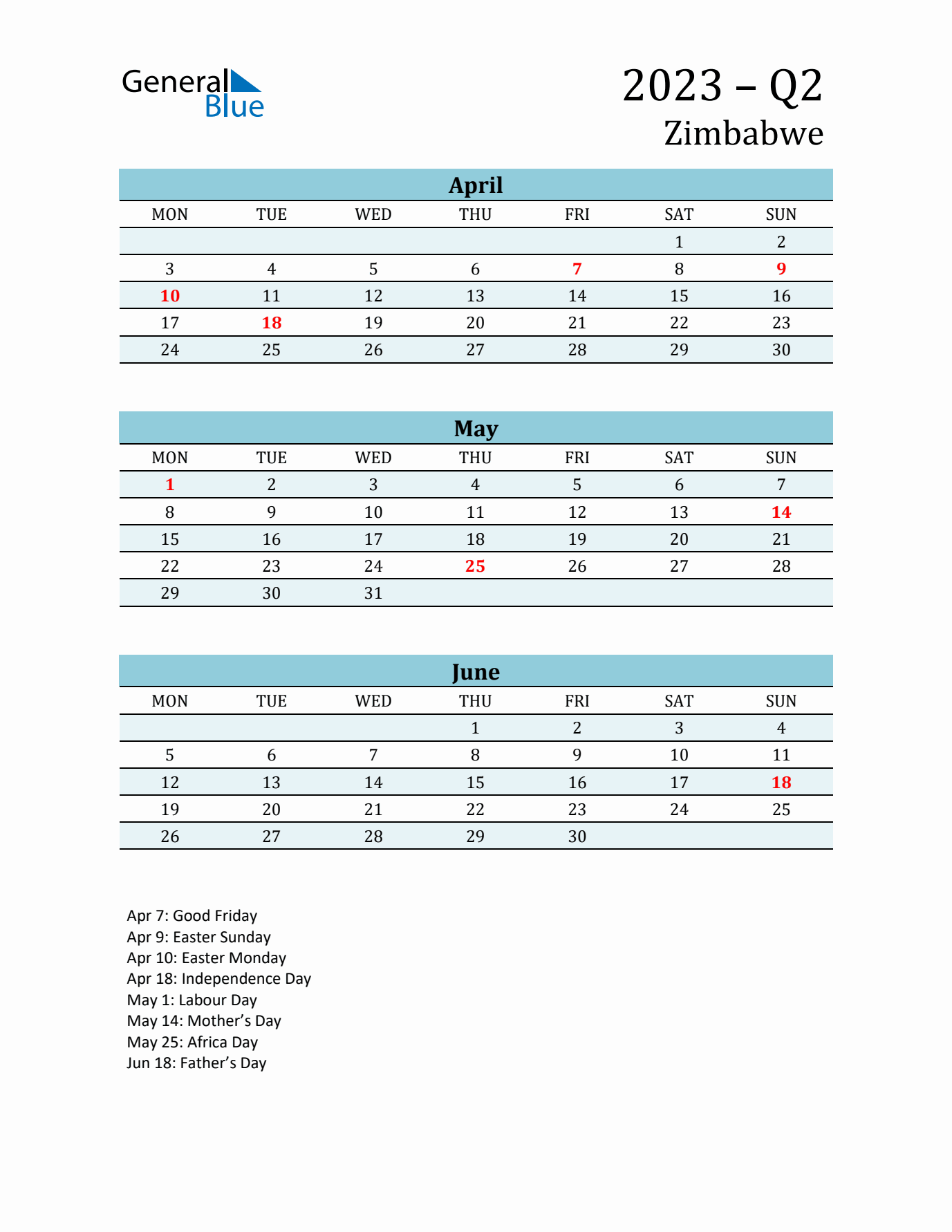 Three-Month Planner for Q2 2023 with Holidays - Zimbabwe