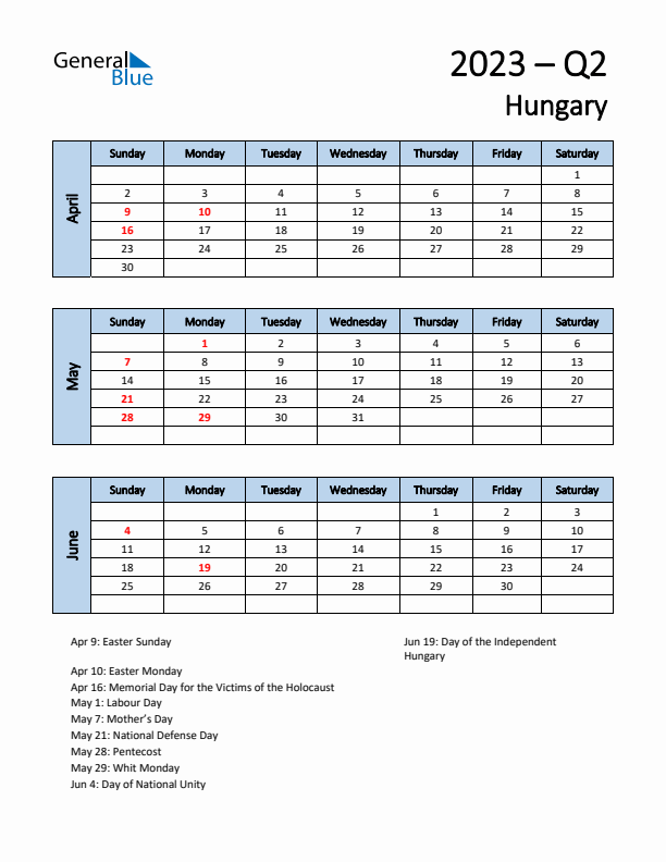 Free Q2 2023 Calendar for Hungary - Sunday Start
