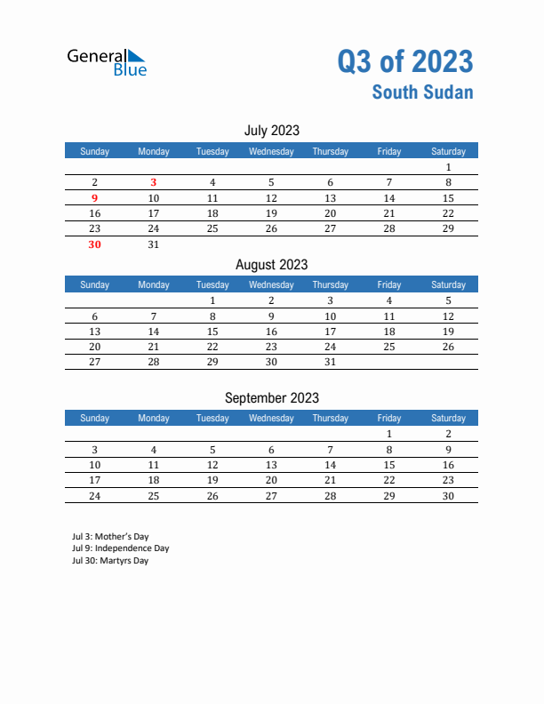 South Sudan Q3 2023 Quarterly Calendar with Sunday Start