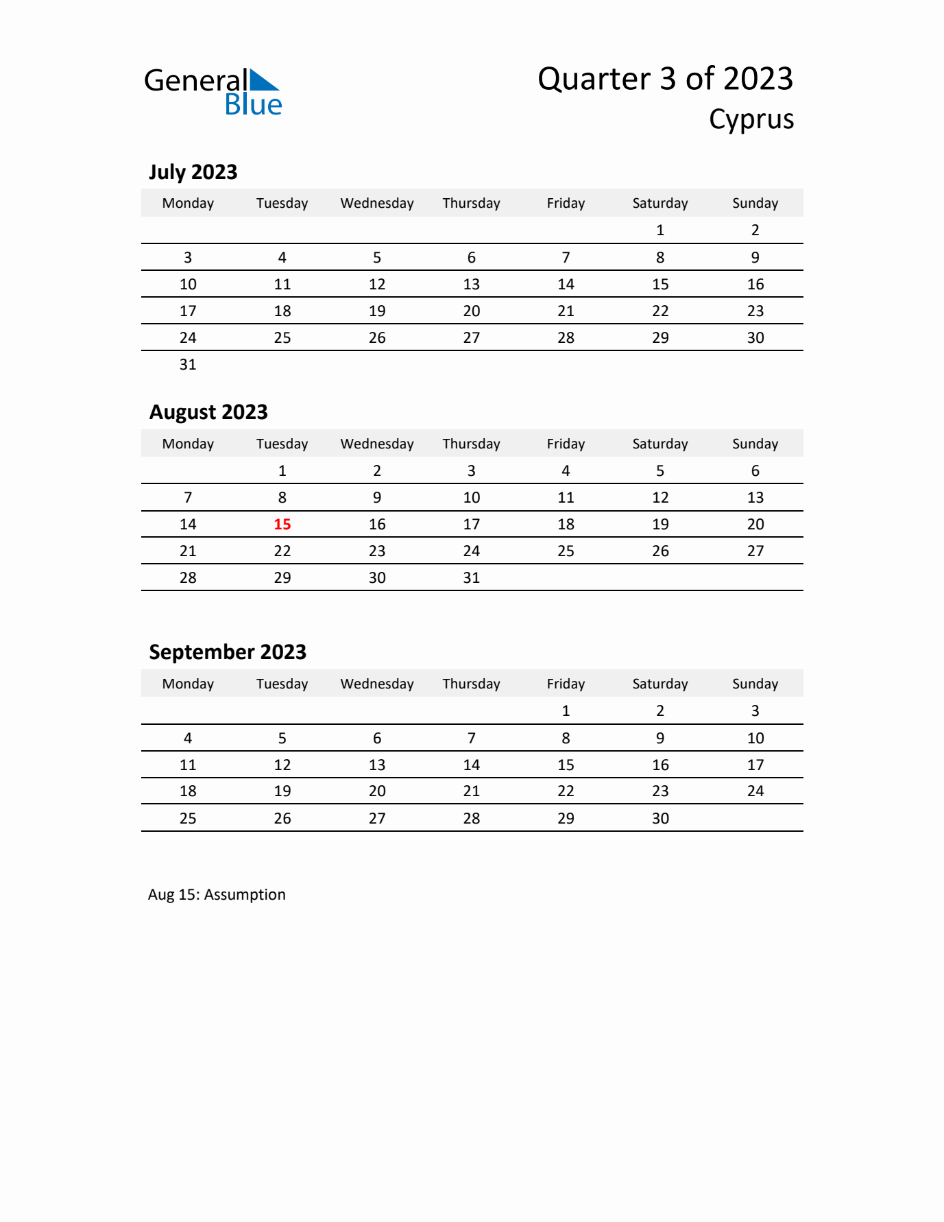 2023 Q3 Three-Month Calendar for Cyprus