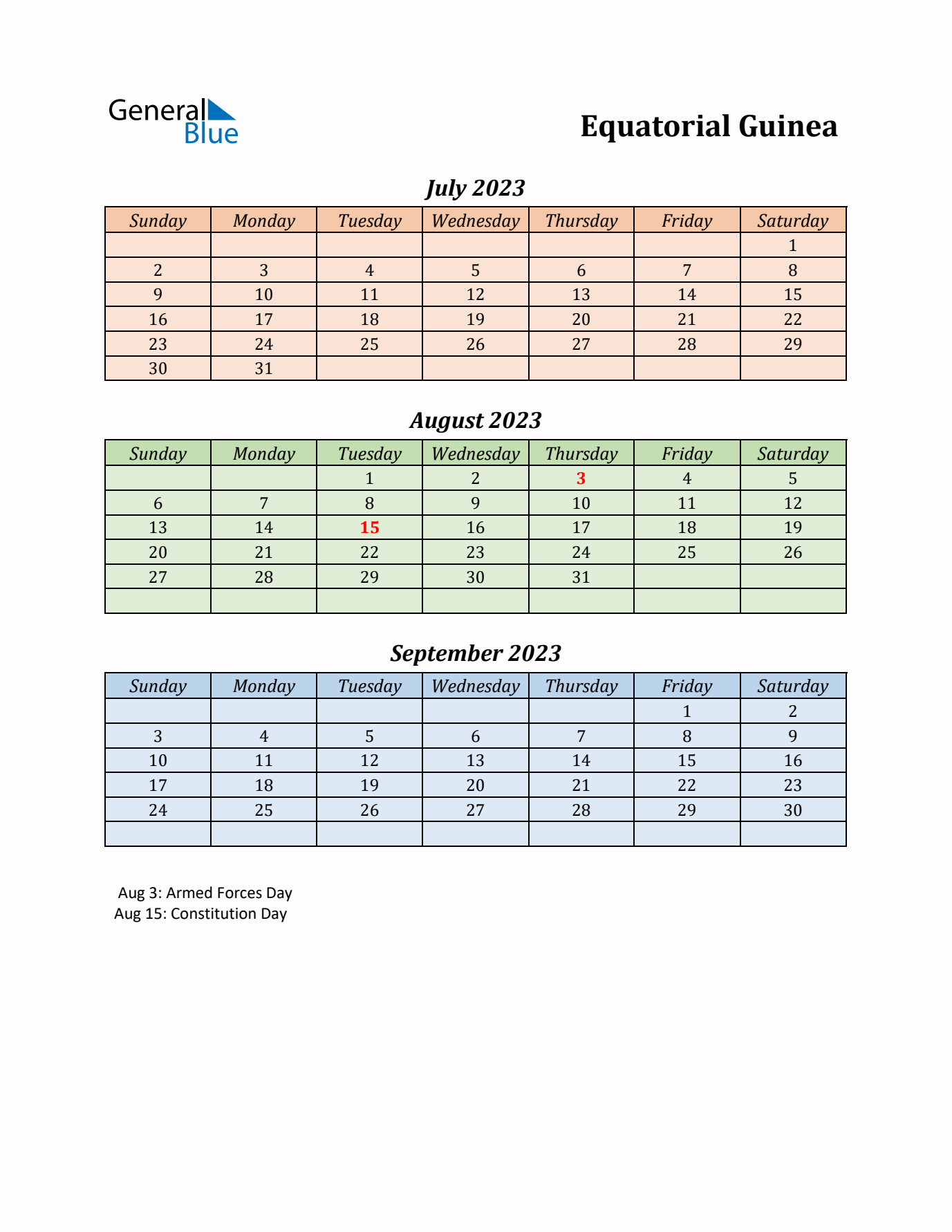 Q3 2023 Holiday Calendar - Equatorial Guinea