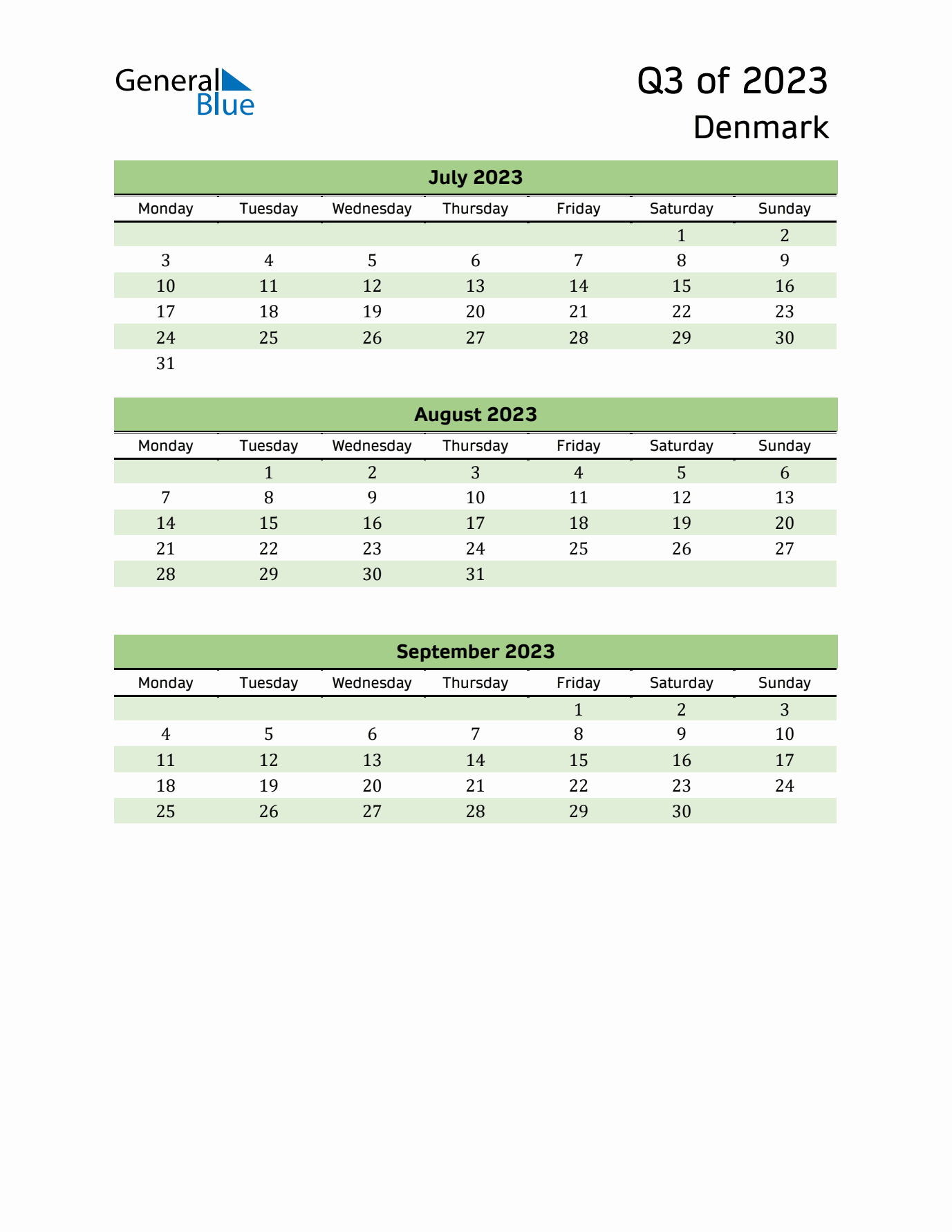 Quarterly Calendar 2023 with Denmark Holidays