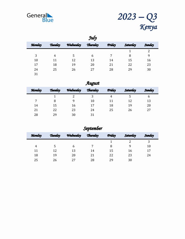 July, August, and September Calendar for Kenya with Monday Start