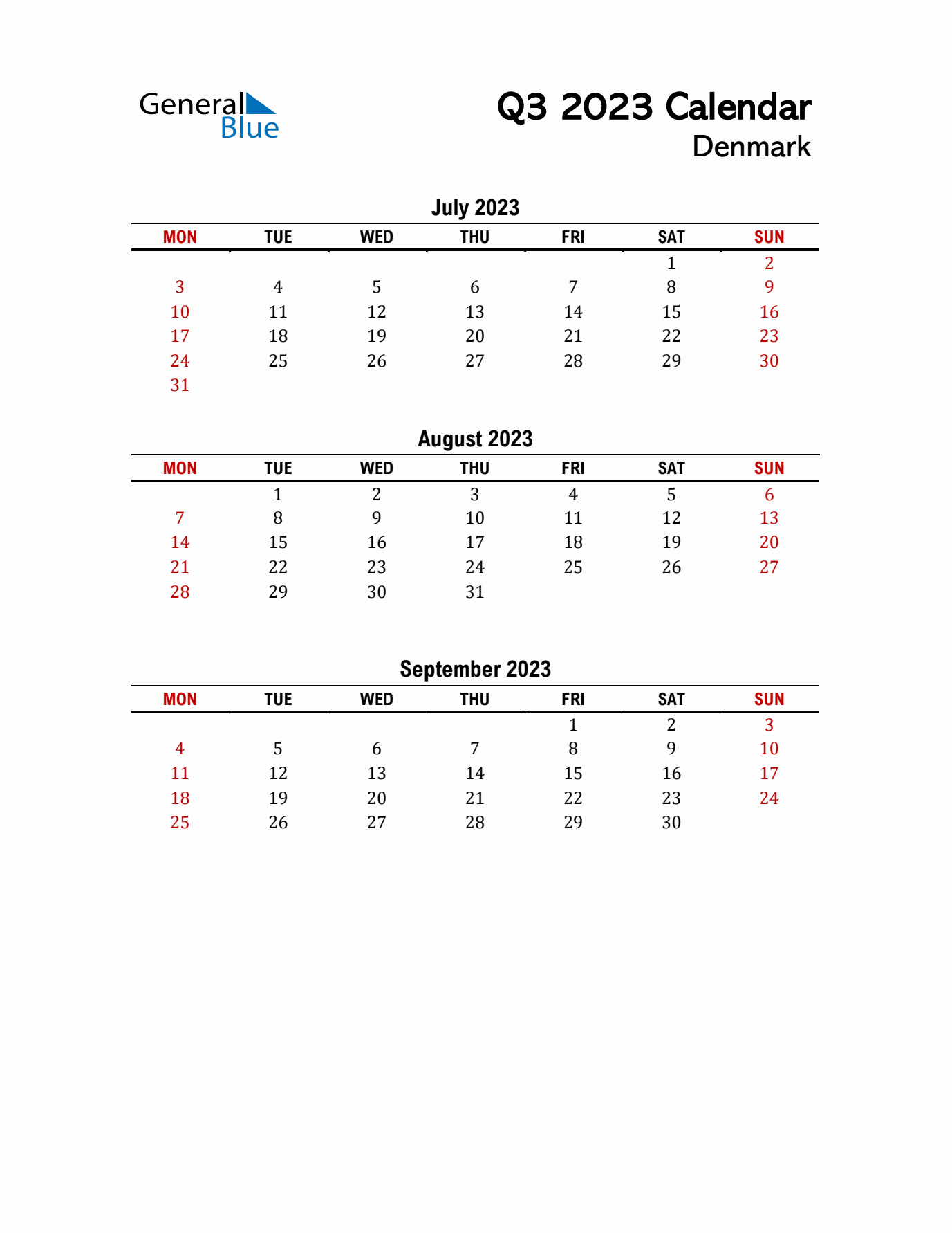 2023 Q3 Calendar with Holidays List for Denmark