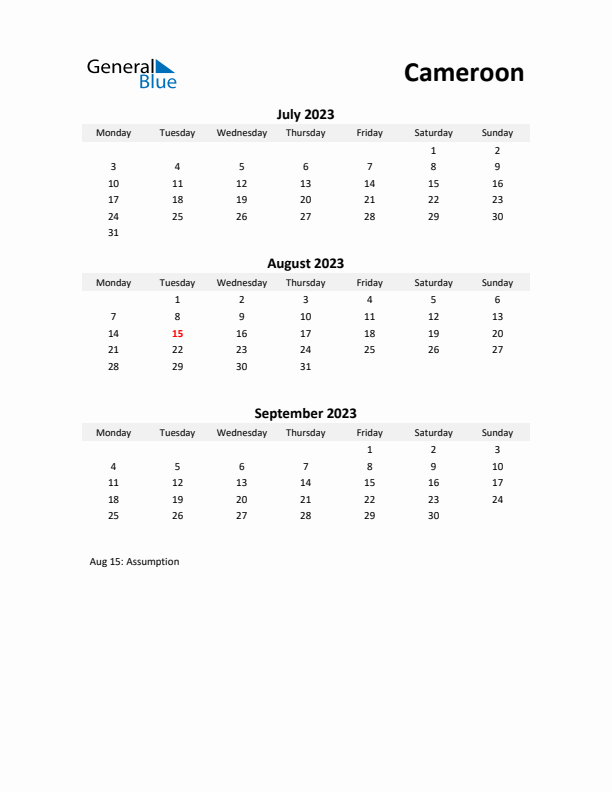 Printable Quarterly Calendar with Notes and Cameroon Holidays- Q3 of 2023