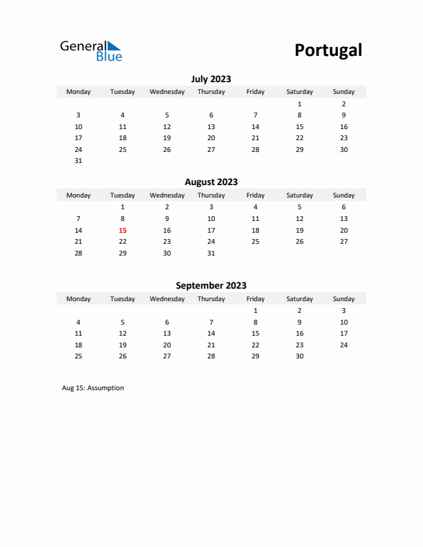 Printable Quarterly Calendar with Notes and Portugal Holidays- Q3 of 2023