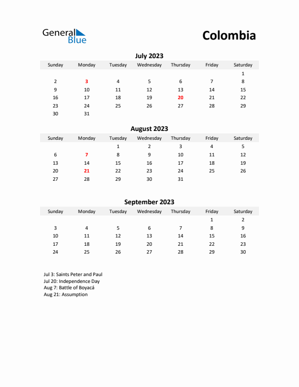 Printable Quarterly Calendar with Notes and Colombia Holidays- Q3 of 2023