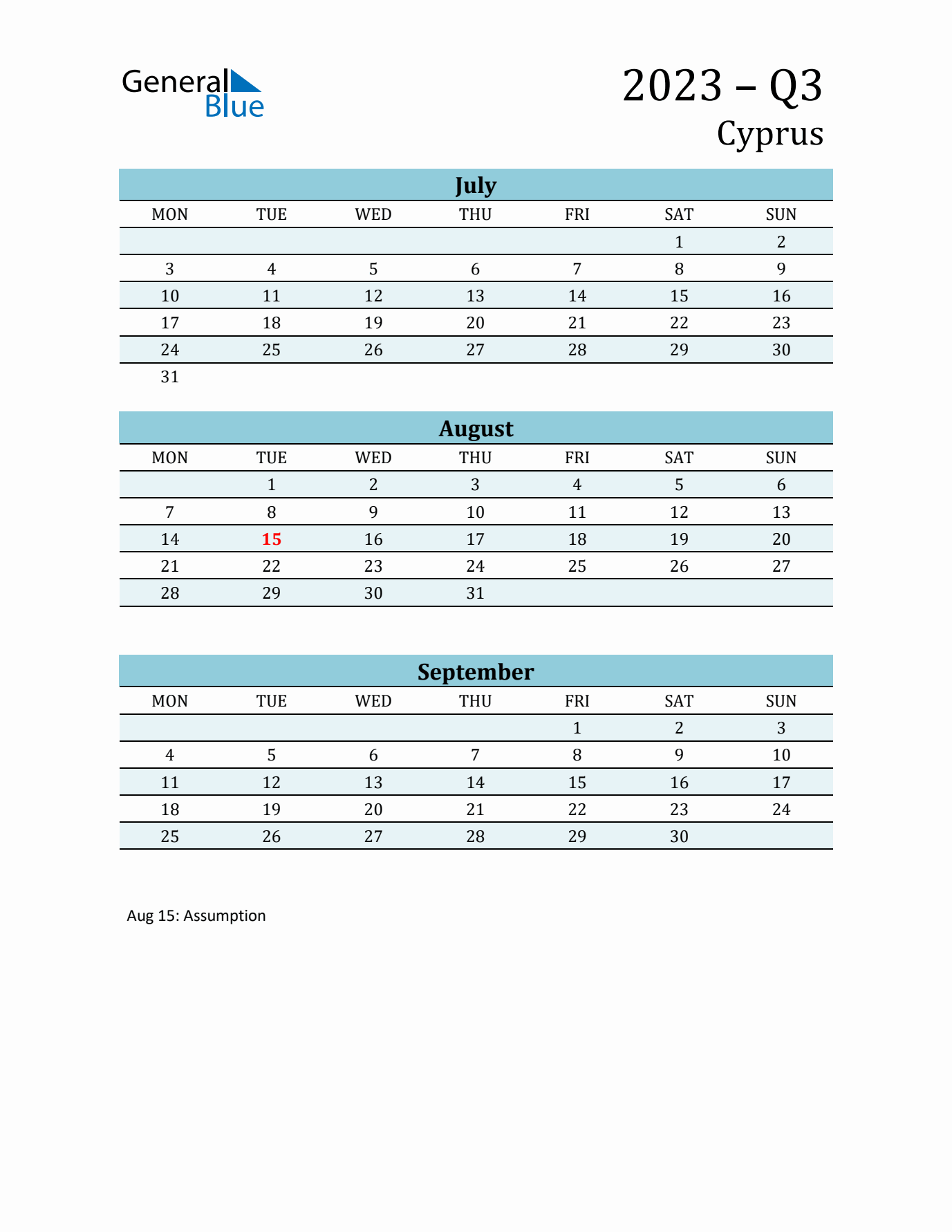 Three-Month Planner for Q3 2023 with Holidays - Cyprus