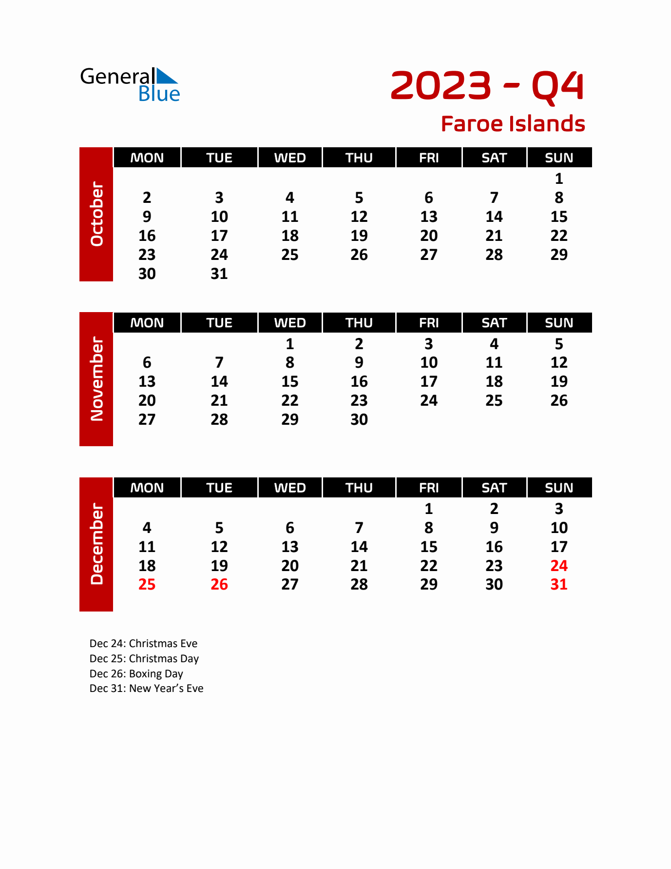 Q4 2023 Calendar with Holidays in Faroe Islands