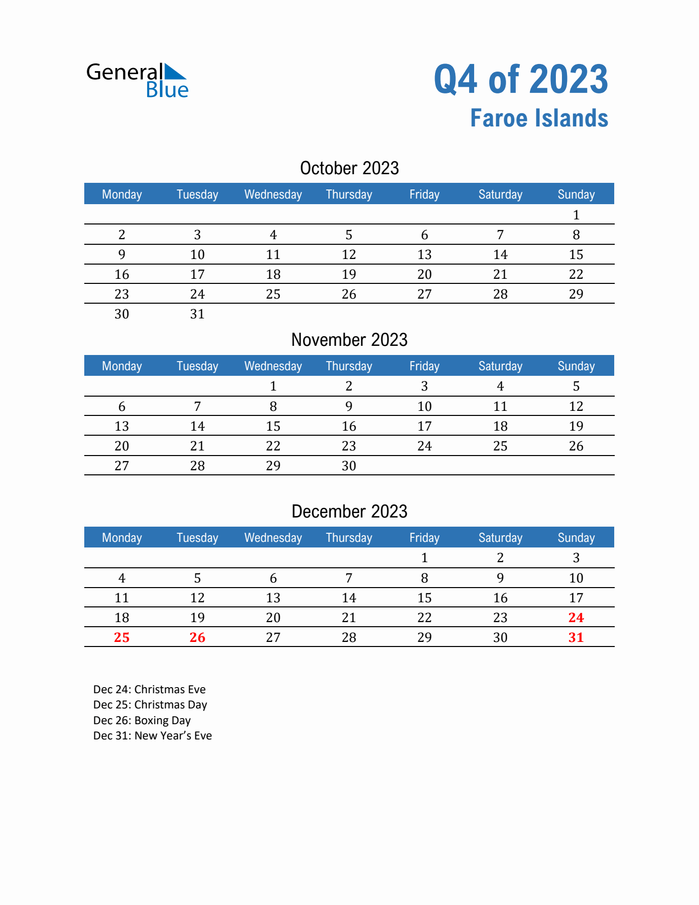 Faroe Islands Q4 2023 Quarterly Calendar with Monday Start