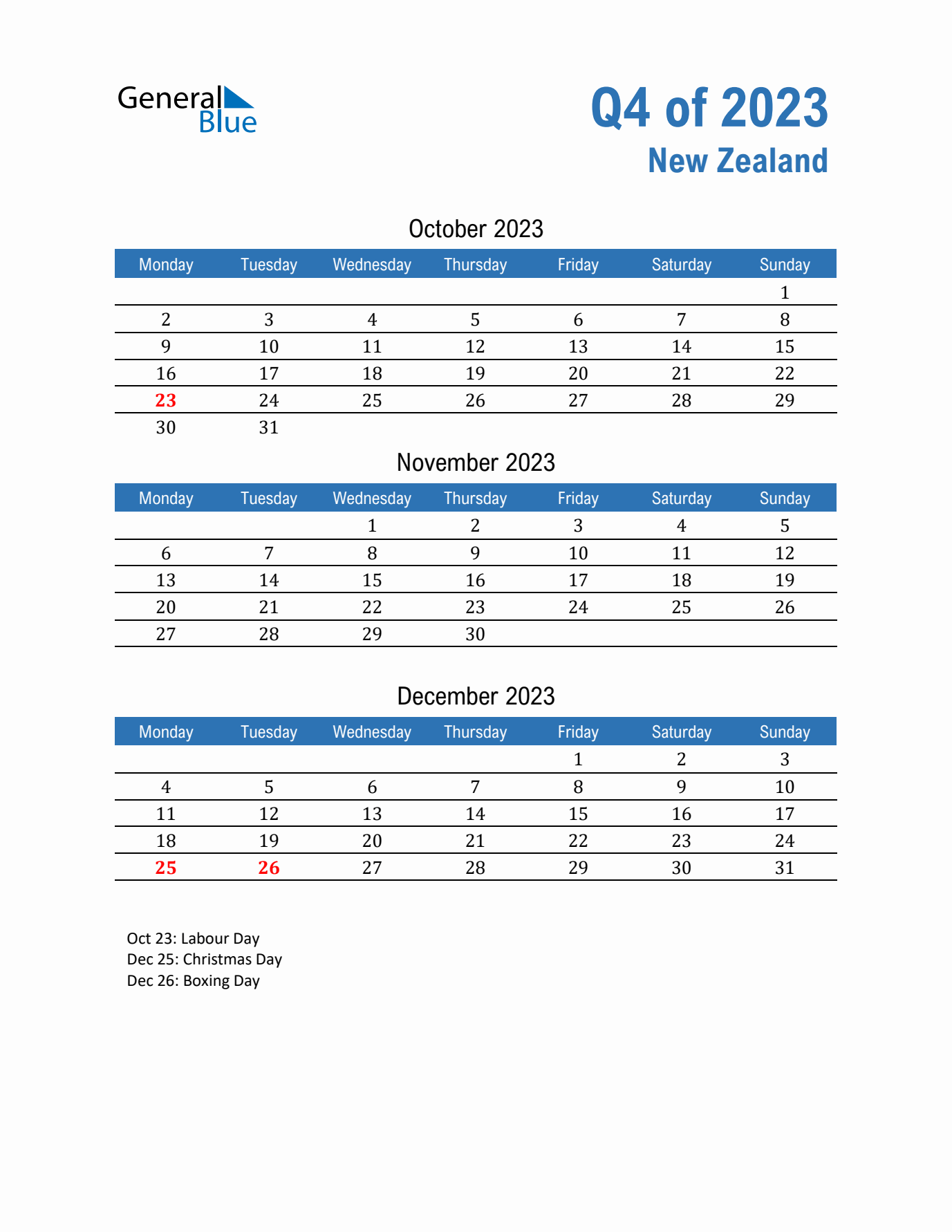 New Zealand Q4 2023 Quarterly Calendar with Monday Start