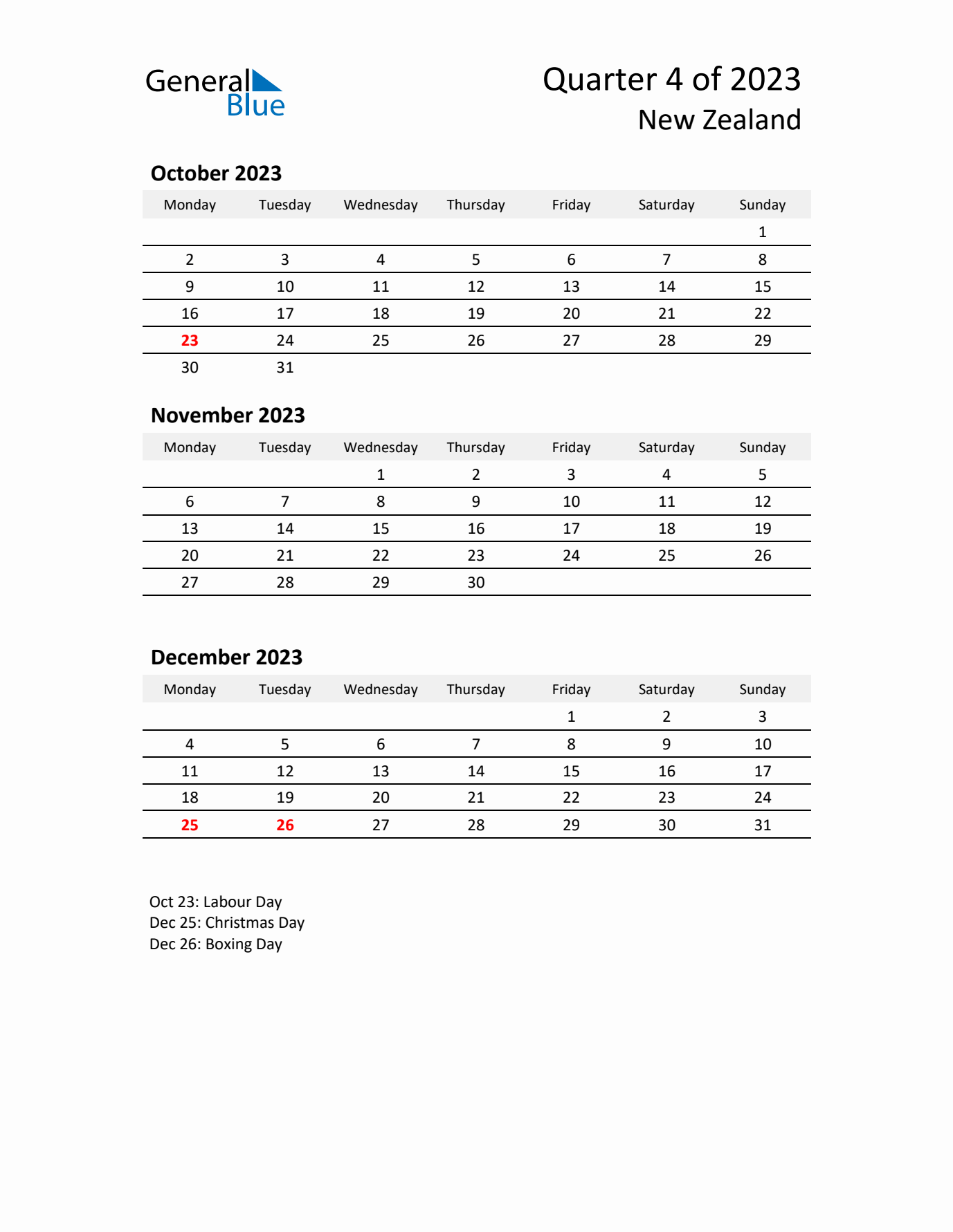 2023 Q4 Three-Month Calendar for New Zealand
