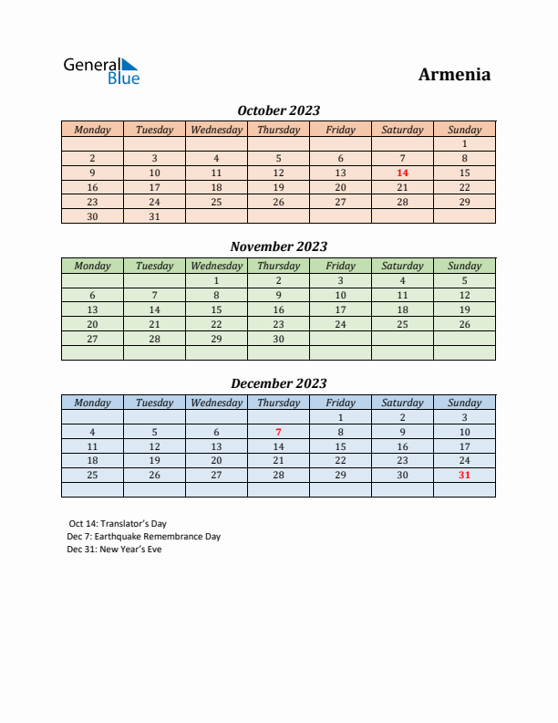 Q4 2023 Holiday Calendar - Armenia