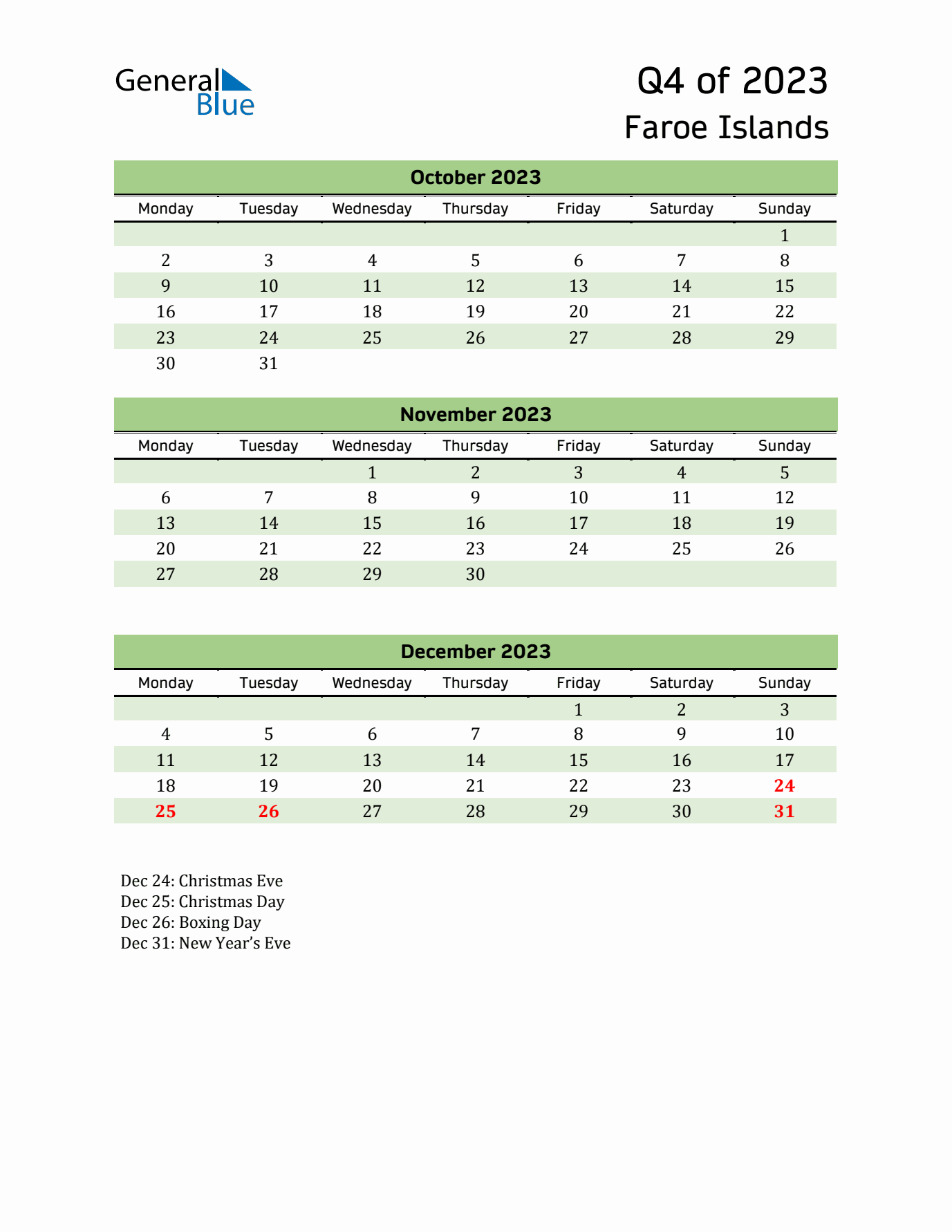 Quarterly Calendar 2023 with Faroe Islands Holidays