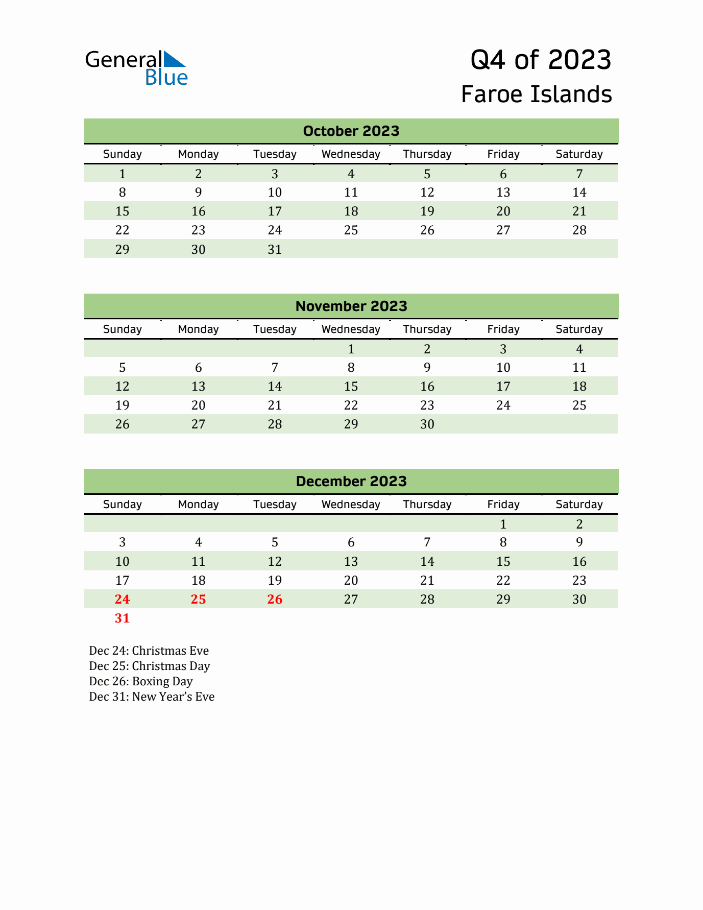Quarterly Calendar 2023 with Faroe Islands Holidays