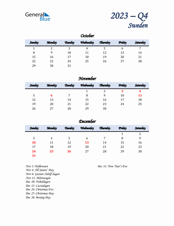 October, November, and December Calendar for Sweden with Sunday Start