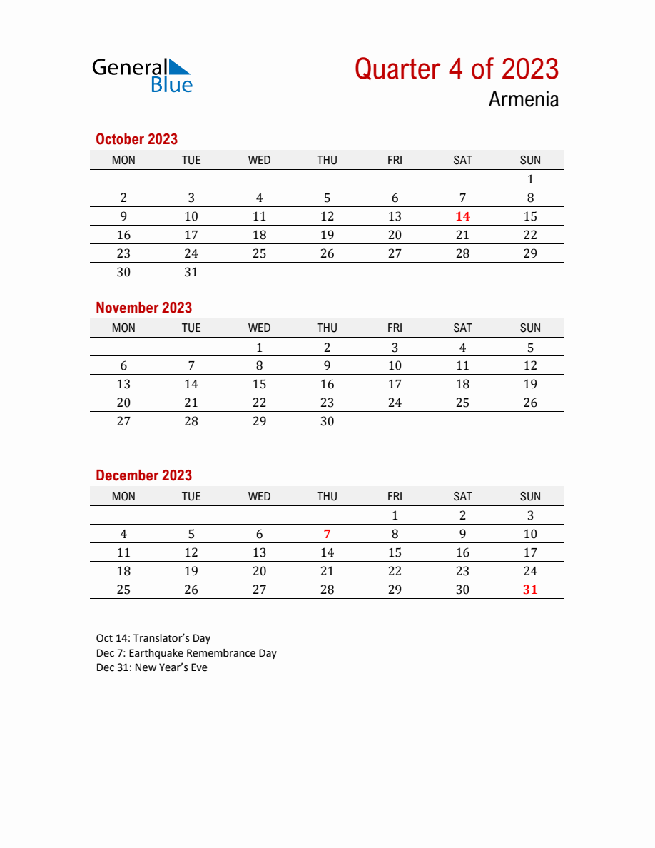 Printable Three Month Calendar with Armenia Holidays (Q4 2023) - Monday ...