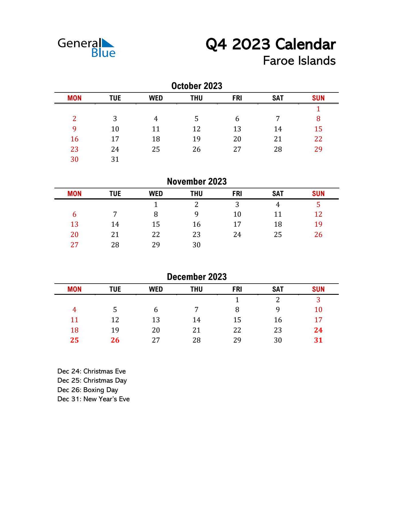 2023 Q4 Calendar with Holidays List for Faroe Islands