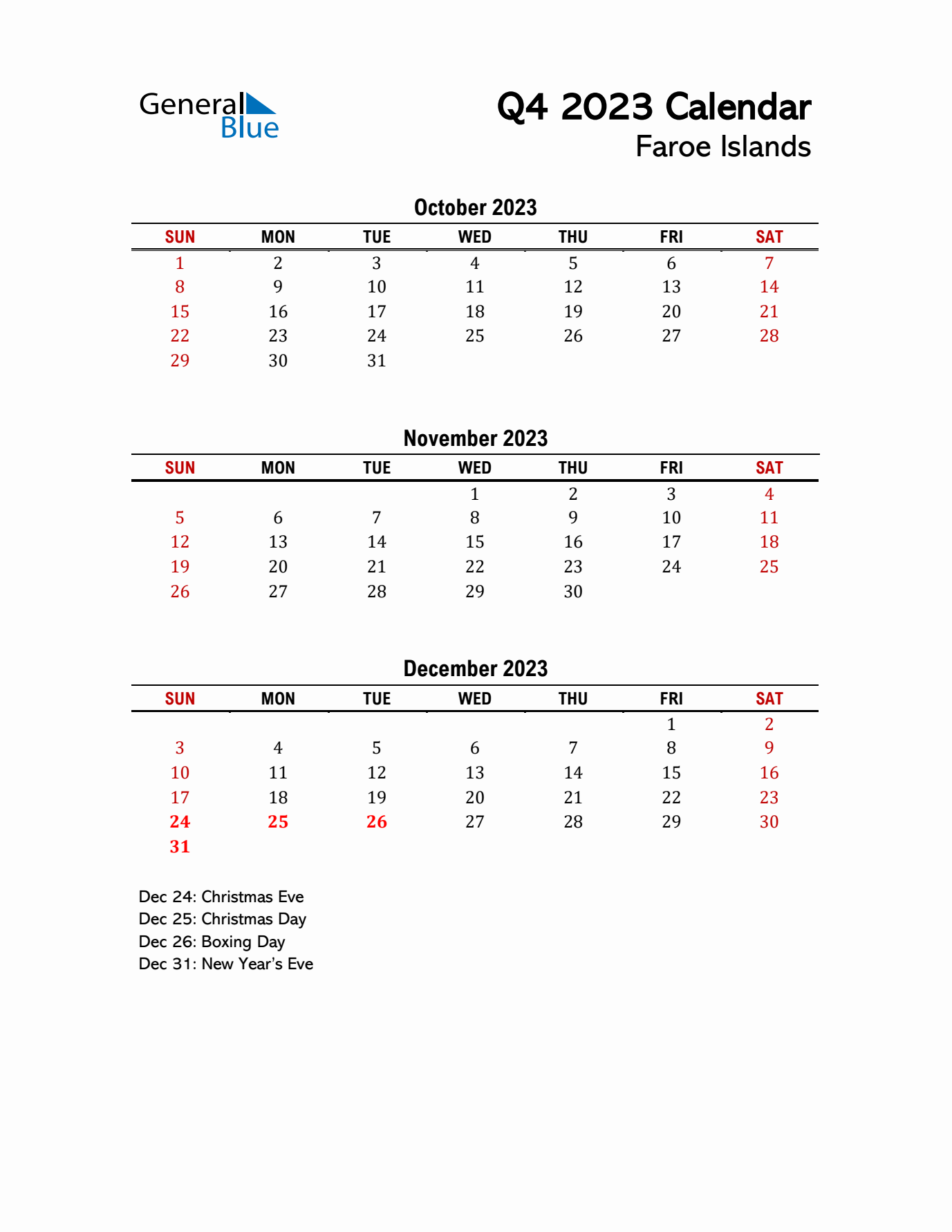 2023 Q4 Calendar with Holidays List for Faroe Islands