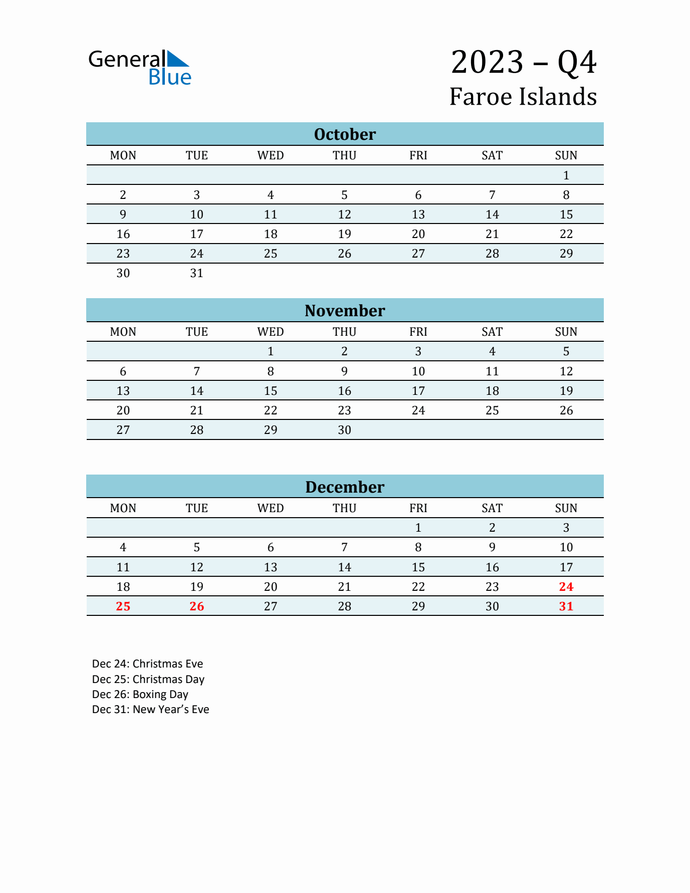 Three-Month Planner for Q4 2023 with Holidays - Faroe Islands