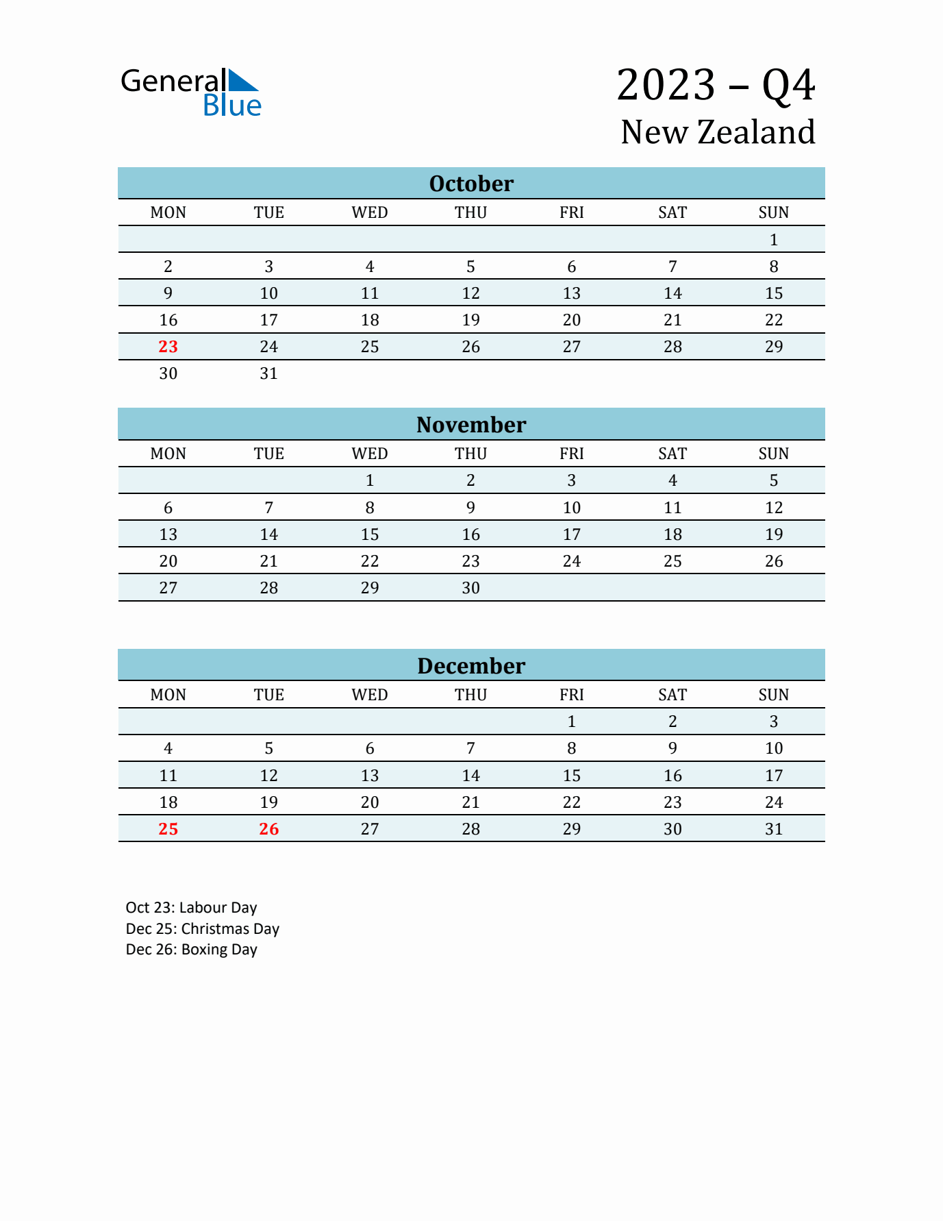 Three-Month Planner for Q4 2023 with Holidays - New Zealand