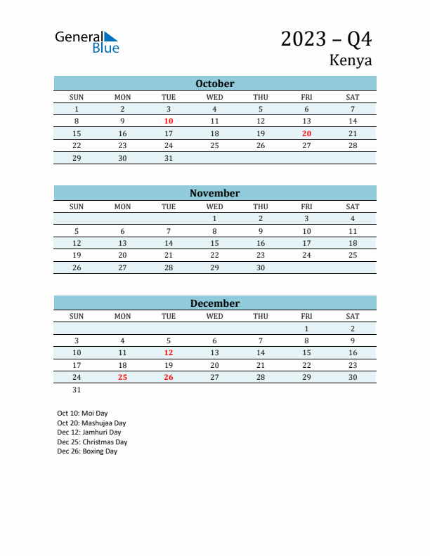 Three-Month Planner for Q4 2023 with Holidays - Kenya