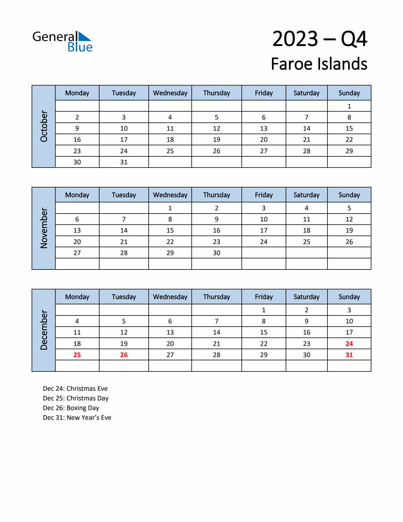 Free Q4 2023 Calendar for Faroe Islands - Monday Start