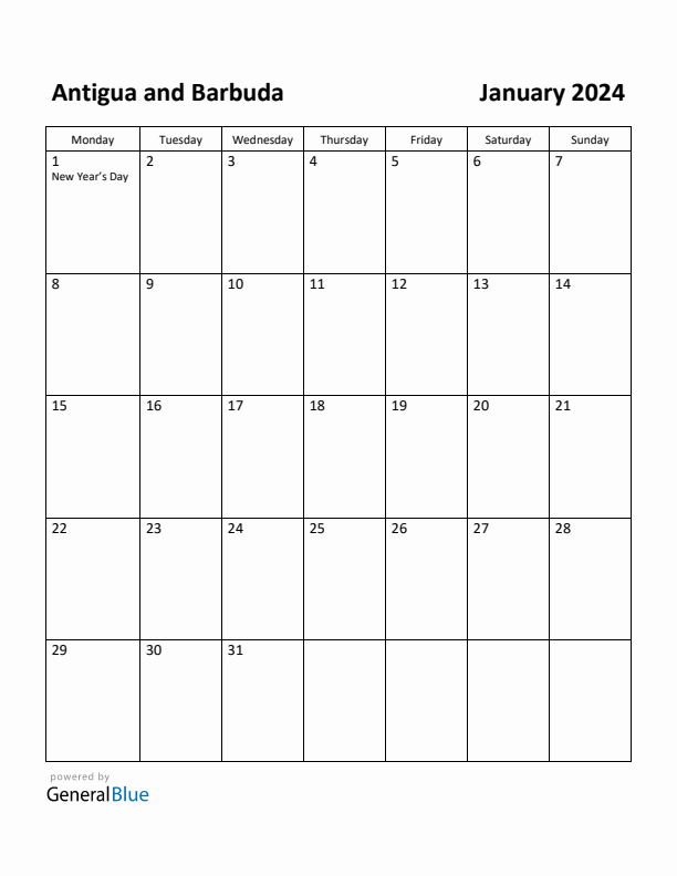 January 2024 Calendar with Antigua and Barbuda Holidays