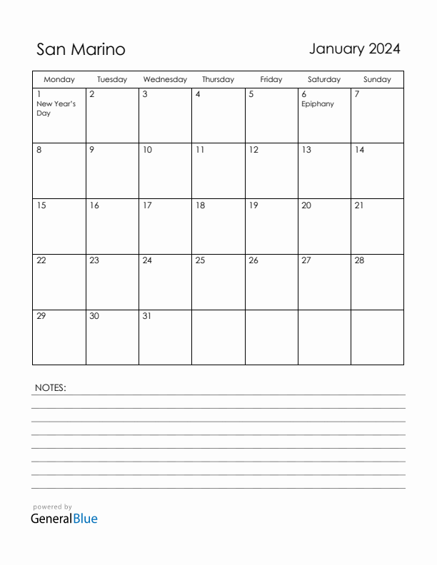 January 2024 San Marino Calendar with Holidays (Monday Start)