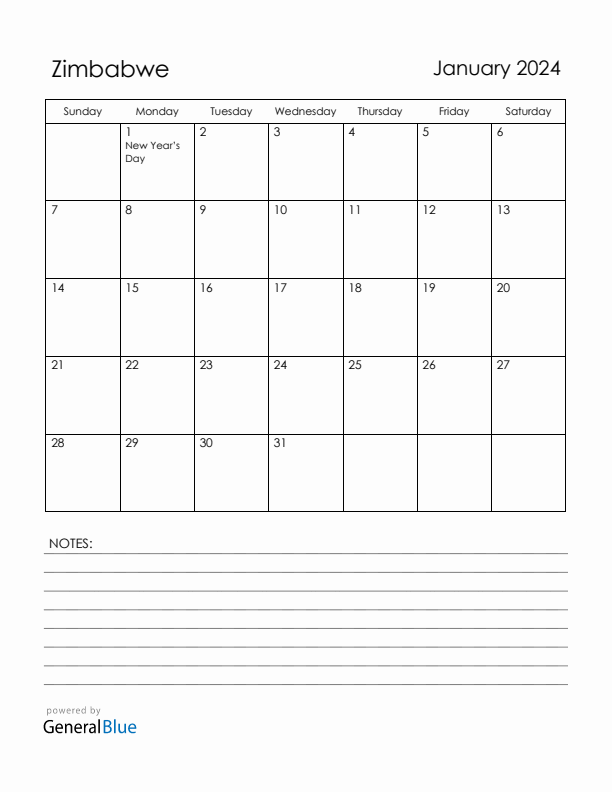 January 2024 Monthly Calendars With Zimbabwe Holidays January 2024 Monthly Calendars With Zimbabwe Holidays