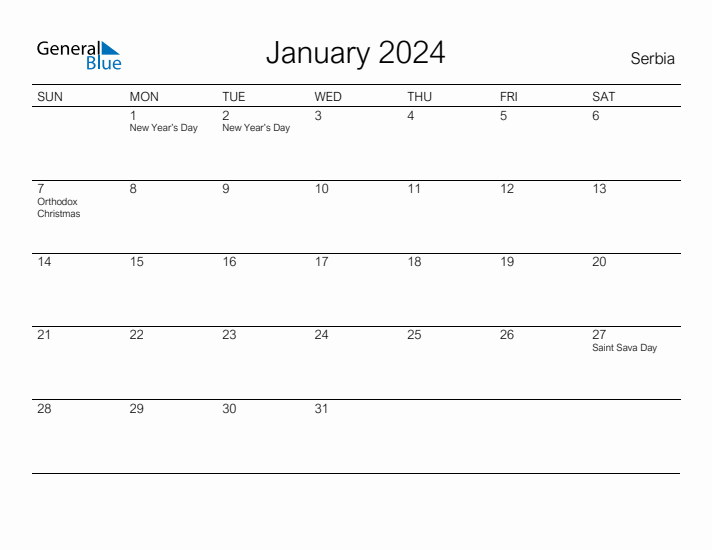 Printable January 2024 Calendar for Serbia