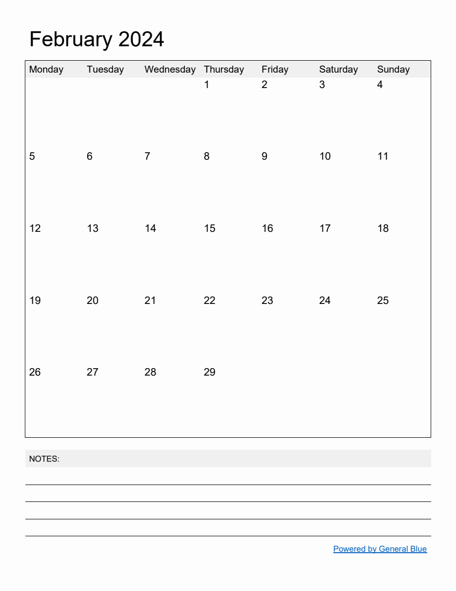 Free Printable Monthly Calendar for February 2024 - Monday Start