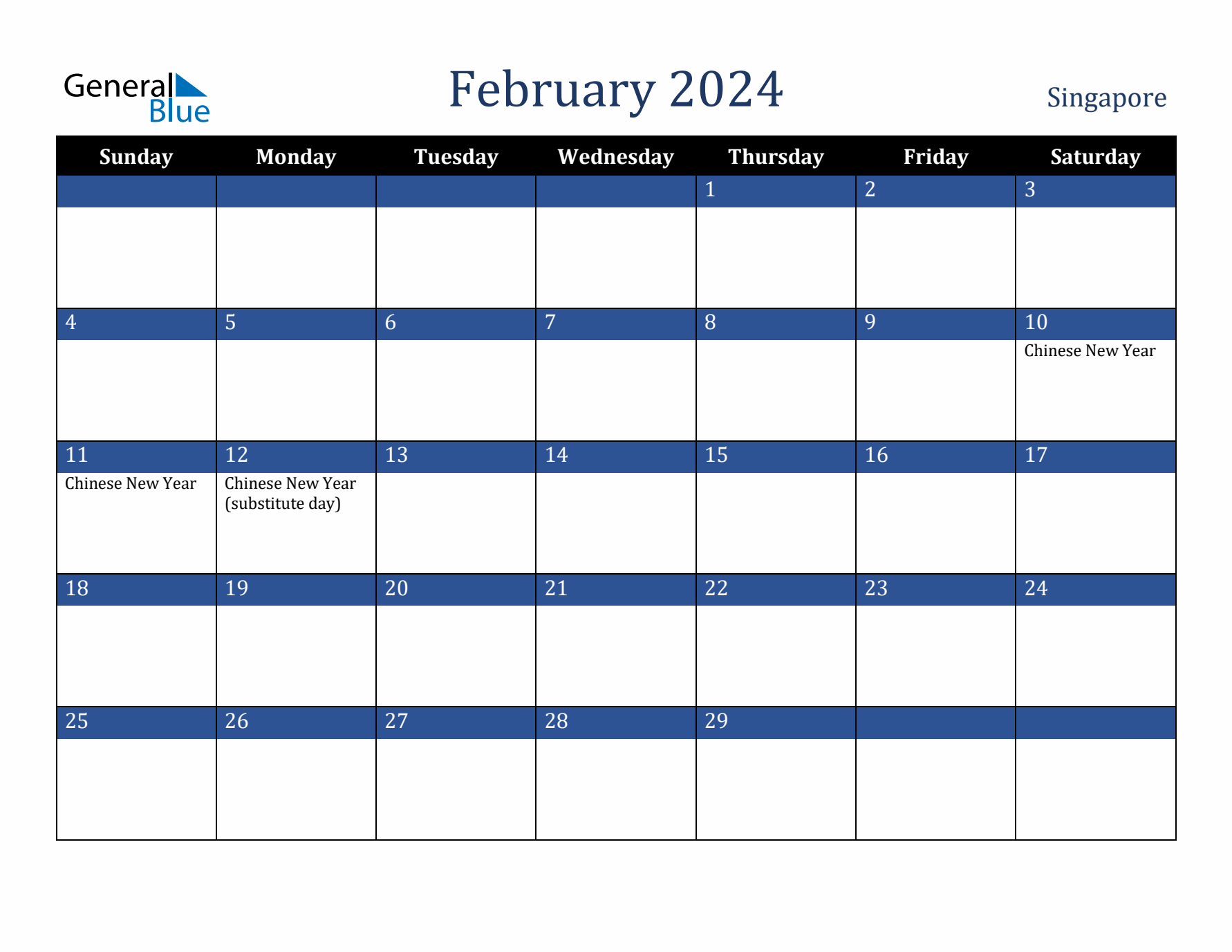 February 2024 Singapore Calendar (Sunday Start)