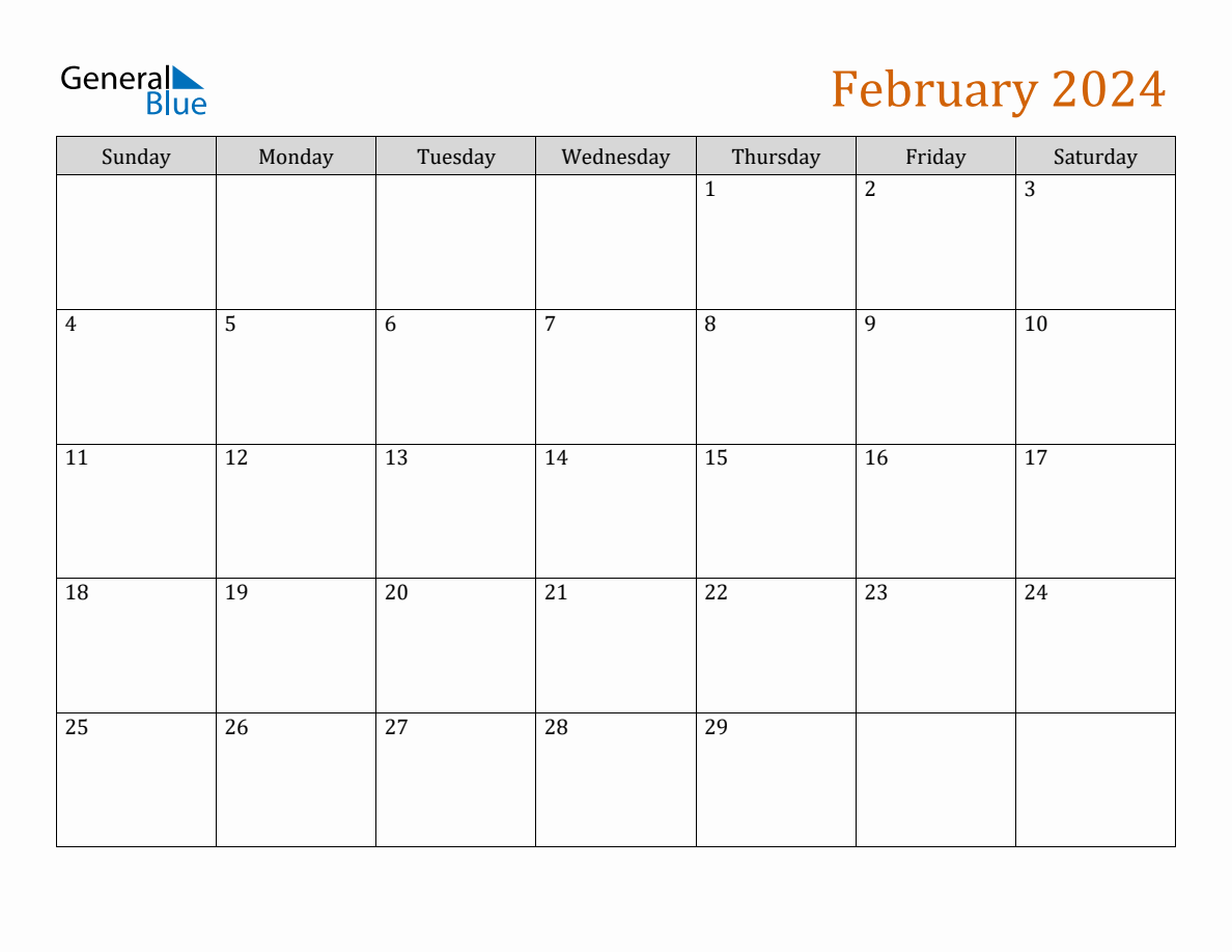 February 2024 Generic Monthly Calendar