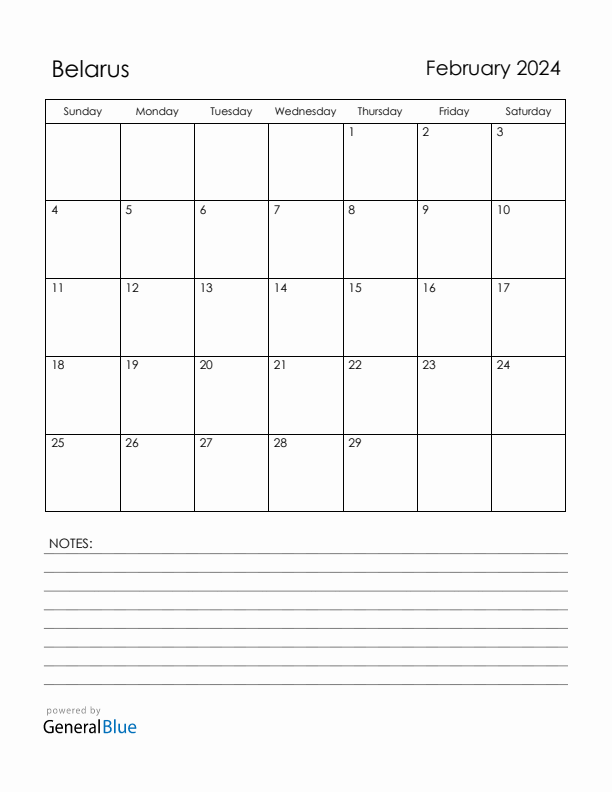 February 2024 Belarus Calendar with Holidays (Sunday Start)