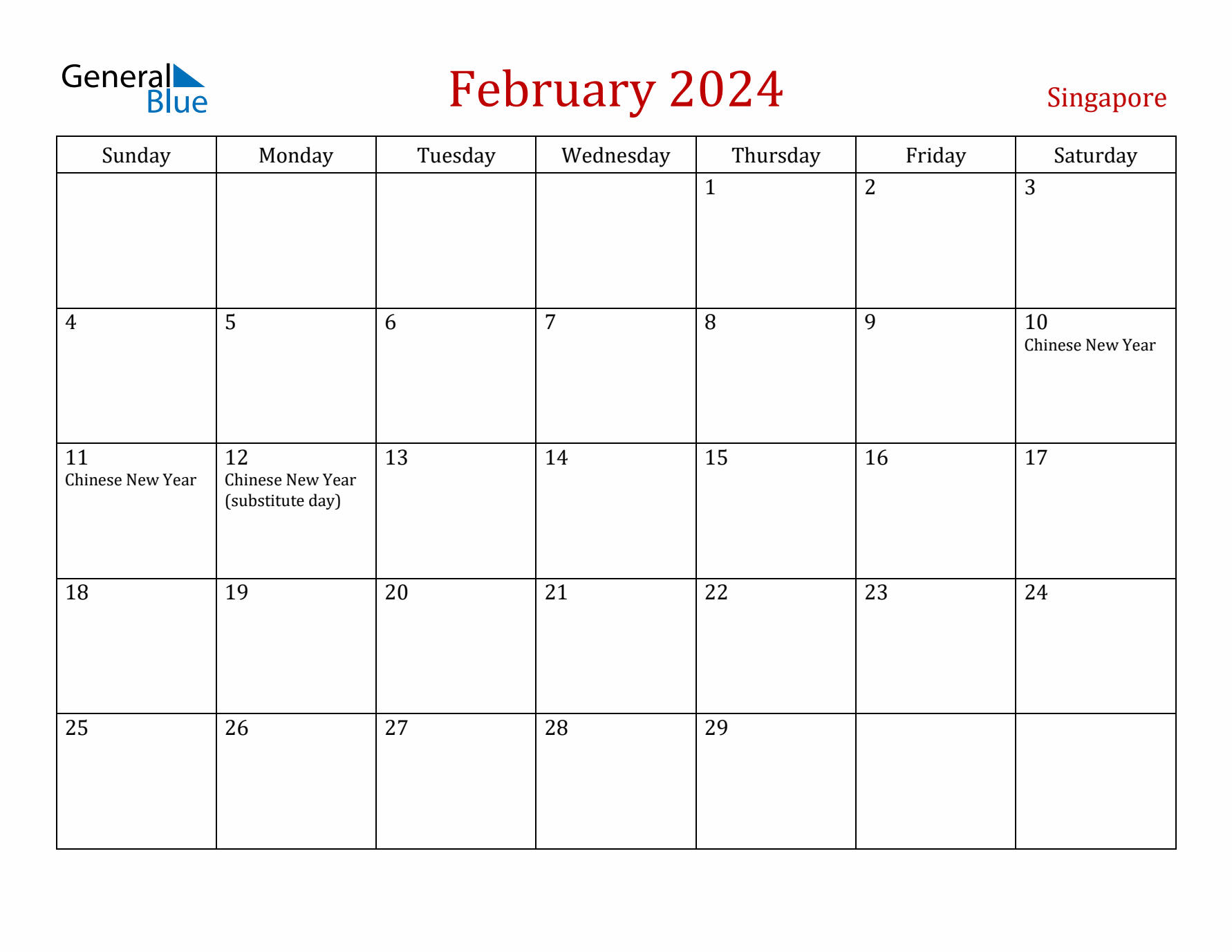 Singapore February 2024 Calendar - Sunday Start