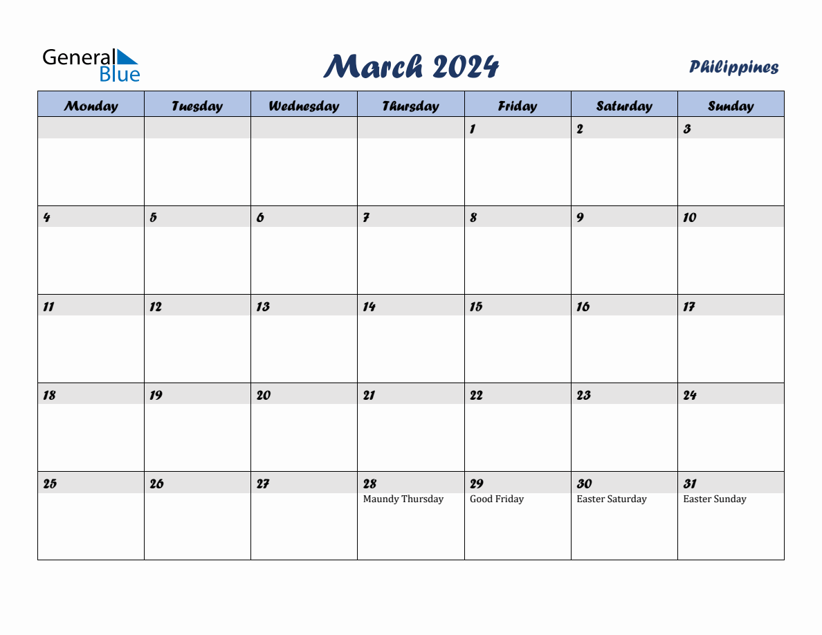March 2024 Monthly Calendar Template with Holidays for Philippines ...