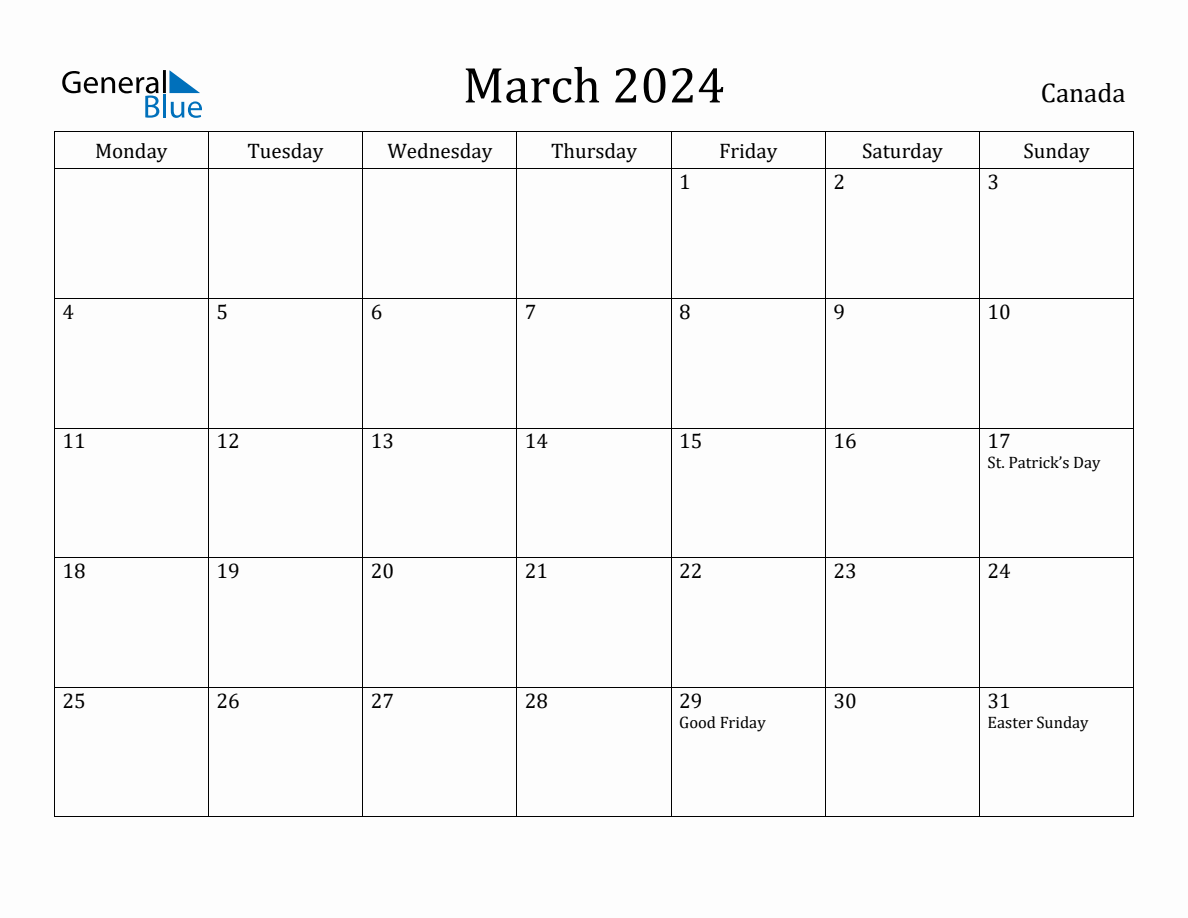 March 2024 Monthly Calendar with Canada Holidays (Monday Start)