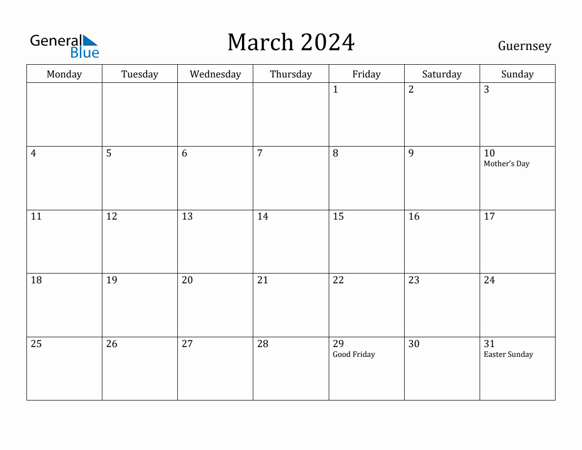 March 2024 Monthly Calendar with Guernsey Holidays (Monday Start)