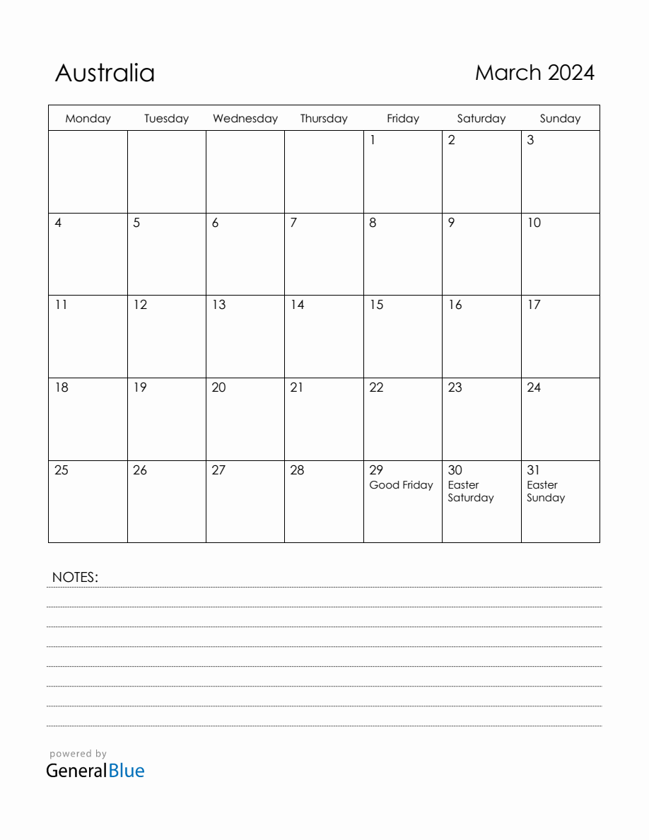 March 2024 Australia Calendar with Holidays (Monday Start)